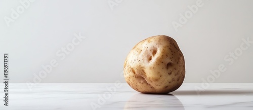 Unique close-up of a misshapen brown potato on a soft white background with ample negative space for design elements or text