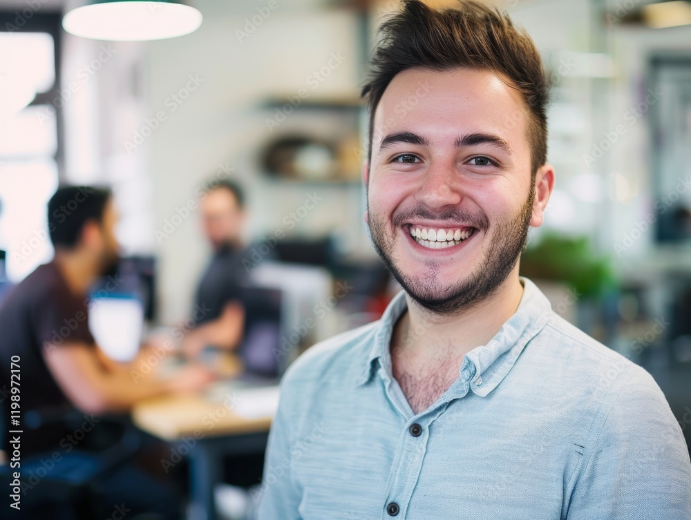 Obraz premium Young man smiling in office with colleagues in background, creating bright atmosphere
