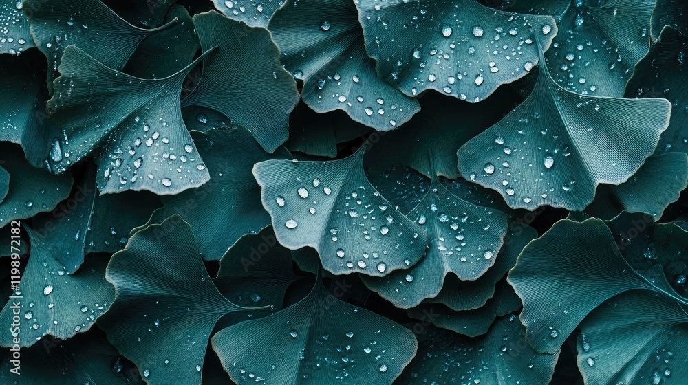 Obraz premium Close Up of Ginkgo Biloba Leaves in Rich Green with Water Droplets on Surface Against Dark Background for Clean Copy Space and Text