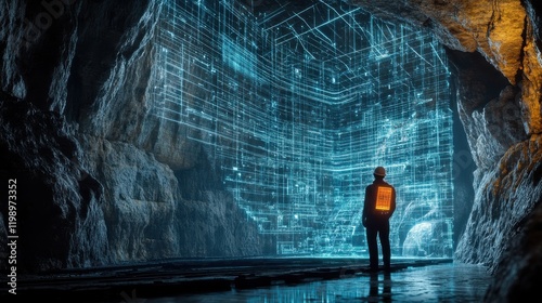Futuristic 3D holographic visualization of resource and geophysical data analysis for advanced geological surveying mining and energy discovery