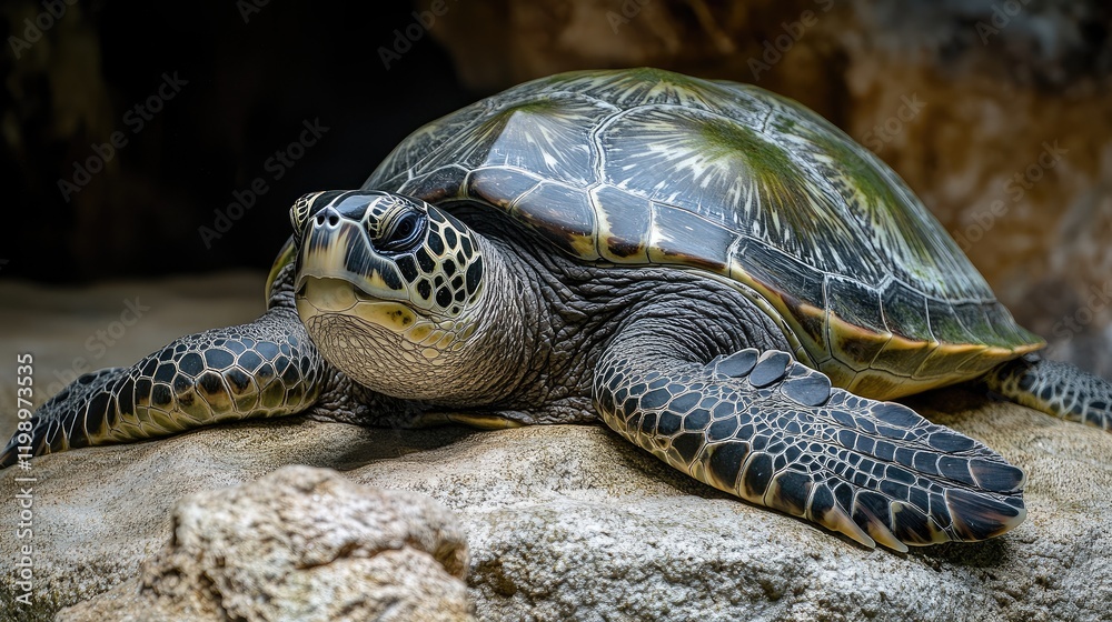 Obraz premium Close-Up of Green Sea Turtle on Rocky Surface in Aquatic Environment with Soft Focus Background and Empty Space for Text