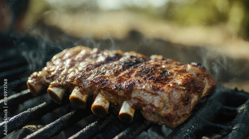 Grilled Meat Rib Close-Up on a Barbecue Grill with Empty Space for Text Overlay Grilled Meat Rib Close-Up on a Barbecue Grill with Empty Space for Text Overlay