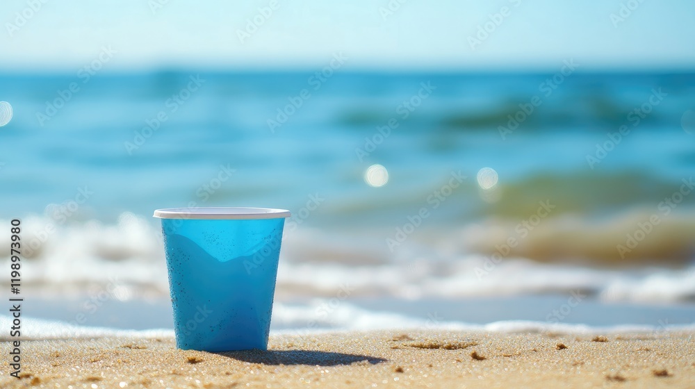 Close-up of blue plastic cup on sandy beach with ocean waves in background Close-up of blue plastic cup on sandy beach with ocean waves in background