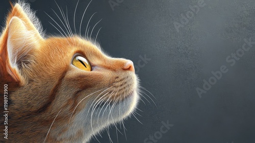 Side profile of an orange cat with yellow eyes on a gray backdrop, empty space for text