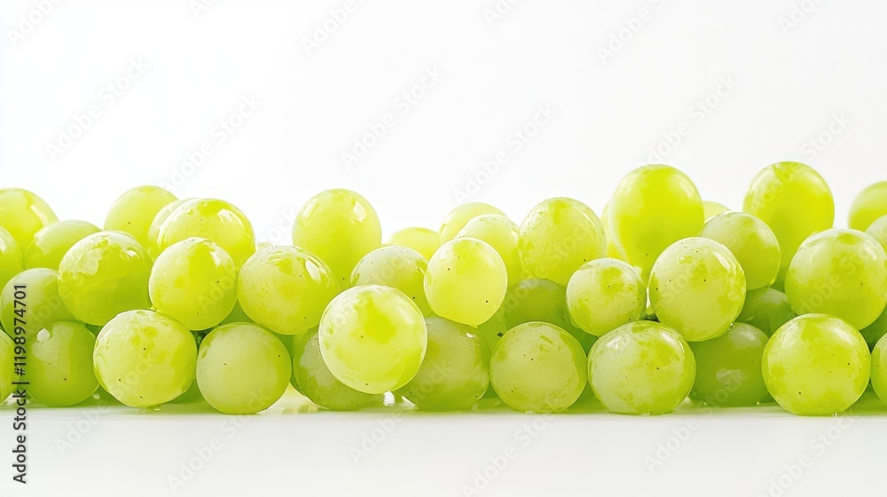 Fresh green grapes arranged horizontally with selective focus against a clean white background, featuring ample copy space for text. Fresh green grapes arranged horizontally with selective focus against a clean white background, featuring ample copy space for text.