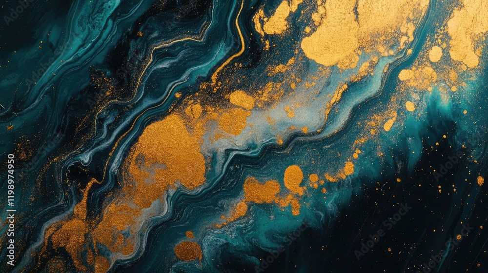 Fototapeta premium Close up of vibrant teal and gold metallic paint texture with abstract fluid patterns for artistic background and design with space for text