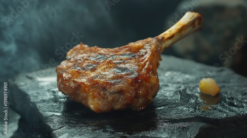 Grilled Meat with Bone on Dark Stone Surface, Close-up, Smoky Background photo