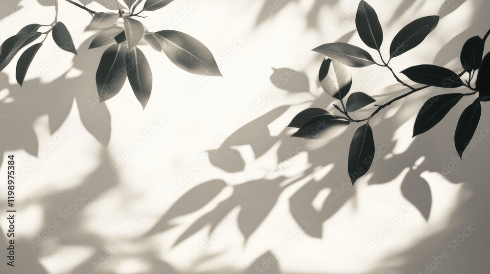 Close-up of monochromatic patterns on smooth canvas with plant leaves casting soft light and space for text. Close-up of monochromatic patterns on smooth canvas with plant leaves casting soft light and space for text.