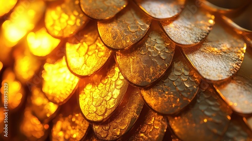 Close-up of shimmering golden scales illuminated by soft light with warm reflective tones and ample empty space for text placement photo