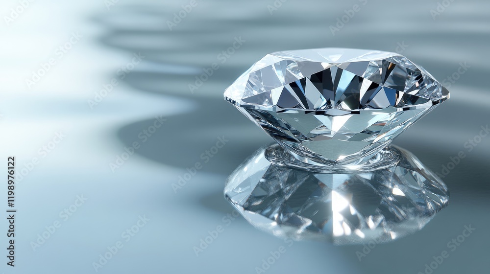 Brilliant diamond ring resting on a smooth reflective water surface, highlighting intricate facets and clear reflections with muted background. Brilliant diamond ring resting on a smooth reflective water surface, highlighting intricate facets and clear reflections with muted background.