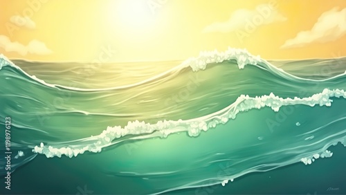 Serene Ocean Ripples Under a Warm Glow: 8K Ultra HD Artwork Featuring a Soft Golden-to-Sea Green Gradient.
