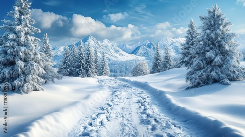 3D rendering and illustration depicting a winter landscape featuring snow covered terrain photo