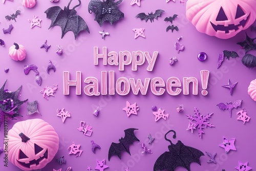 Colorful Halloween decorations spread across a vibrant purple surface. Pumpkin figurines, bats, and sparkly stars create a lively and playful atmosphere, celebrating the spooky season cheerfully. photo