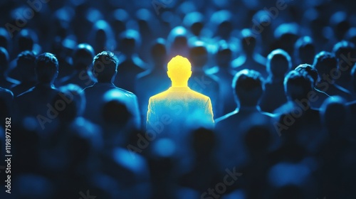 Glowing figure standing out in a crowd. Leadership and thought leader business concept.