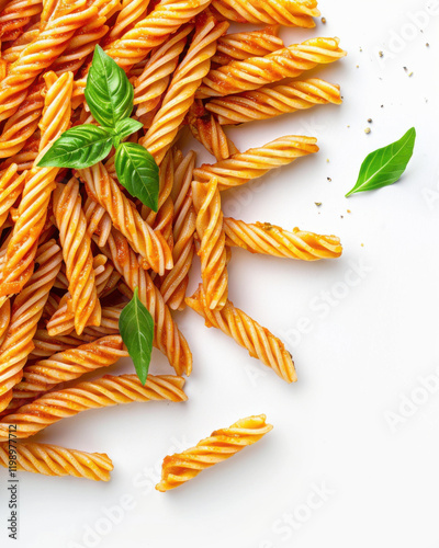 Twisted Italian Delight:  A close-up shot of cooked trofie pasta tossed in a rich, tomato-based sauce, adorned with fresh basil leaves.
