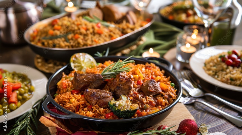 Fototapeta premium Delicious feast with flavorful rice and tender meat for festive dining