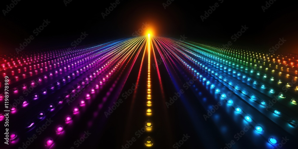 Obraz premium Intricate abstract fractal design with swirling rainbow lights, creating a symmetrical, harmonious composition on a sleek black canvas