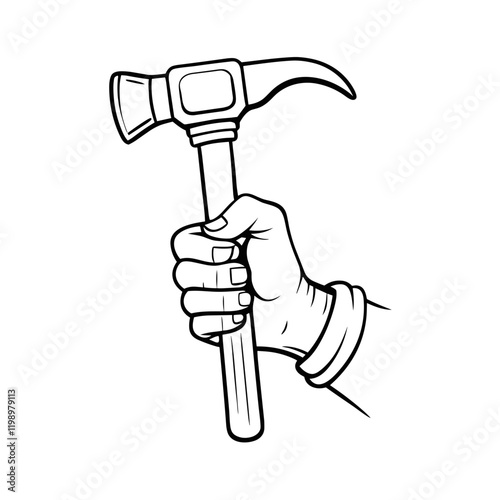 Hand holding hammer in sketch style on white background with copy space