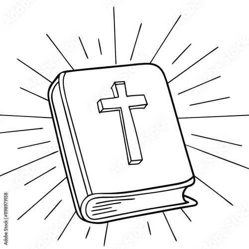 Holy Bible with cross symbol and rays of light in sketch style on white background