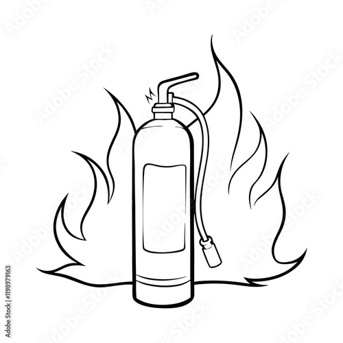 Fire extinguisher with flames in outline style on white background