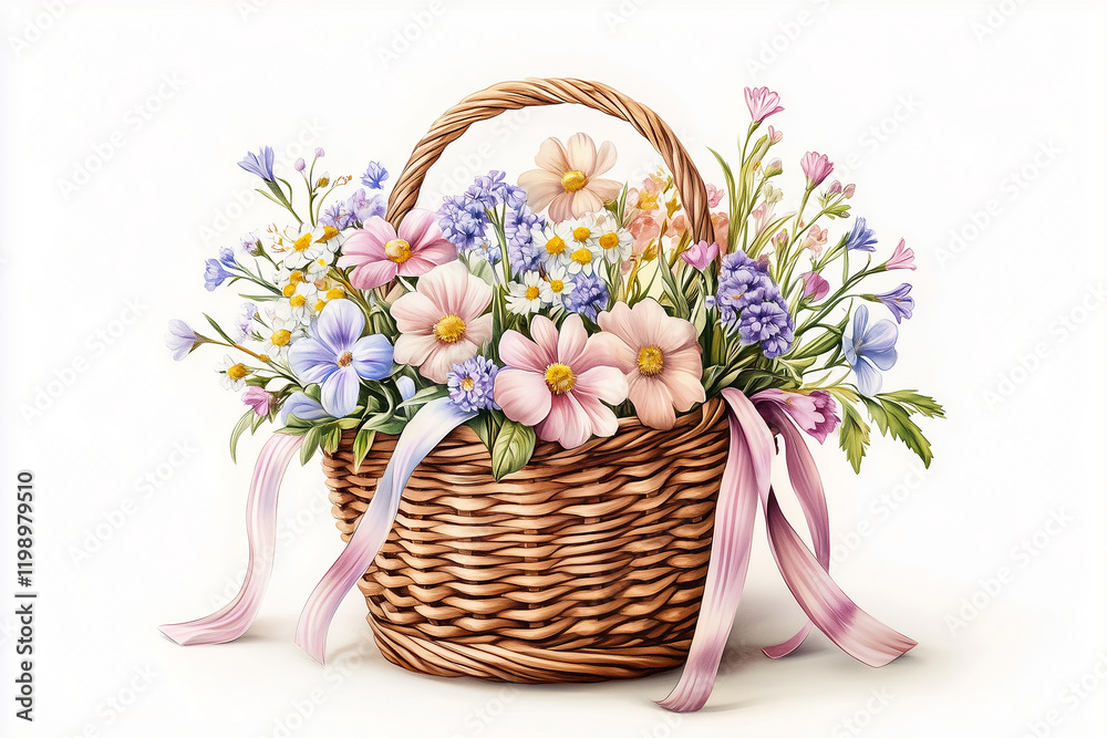 Obraz premium Colorful spring flowers in a wicker basket on white isolated background.