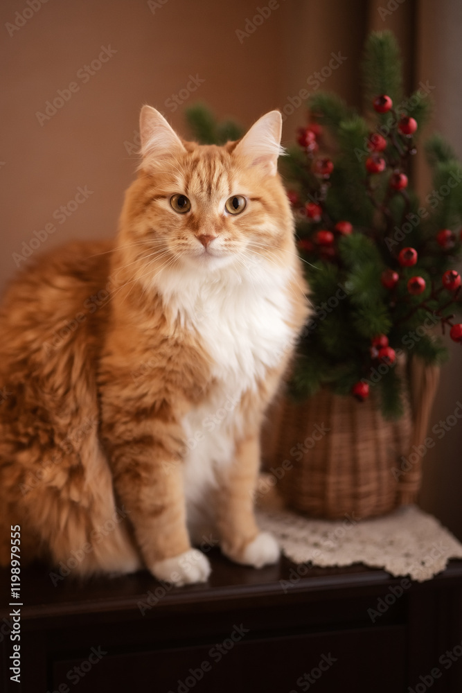 A photo of a beautiful red cat near the Christmas tree.