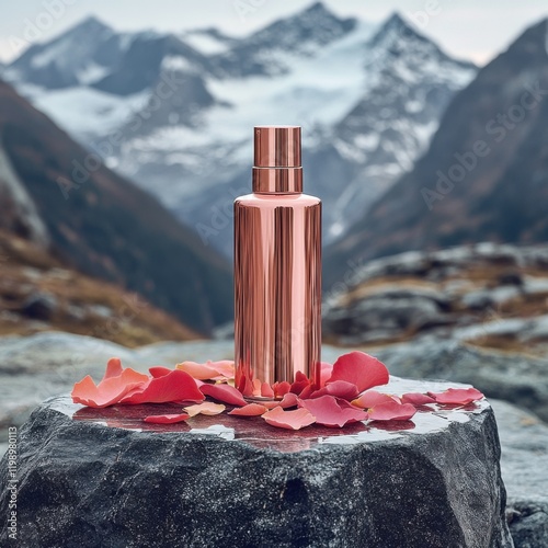 Radiant rose gold lotion bottle with petals and alpine mountain backdrop photo