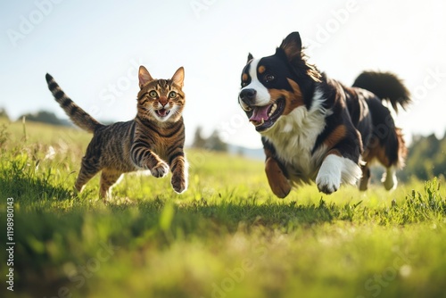 Dynamic shot showcases energetic Savannah cat and Bernese Mountain Dog in sunny park with size difference emphasized highkey lighting realistic fur details optimistic atmosphere