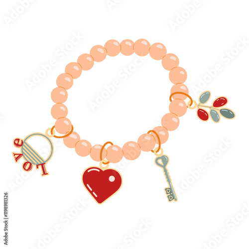 Jewelry in the form of a bracelet for Valentine s Day. A bracelet with a red heart, a key with a heart, a keychain with the inscription Love and a twig of a plant. Pink children s bracelet with gold