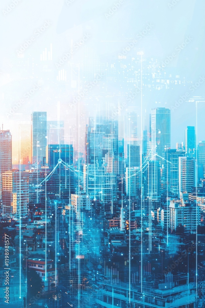 A digital illustration of an urban skyline with modern buildings, featuring holographic graphs and charts floating above the cityscape, representing business growth in technology and innovation. 