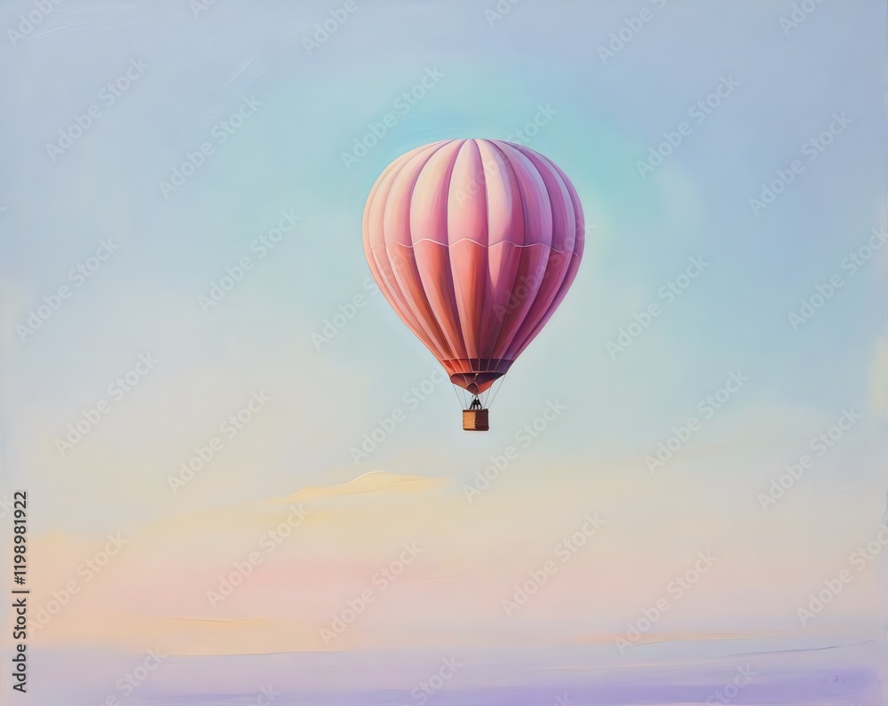 Fototapeta premium A pastel-colored hot air balloon floating gracefully in a soft pink and blue sky during a peaceful sunrise or sunset.