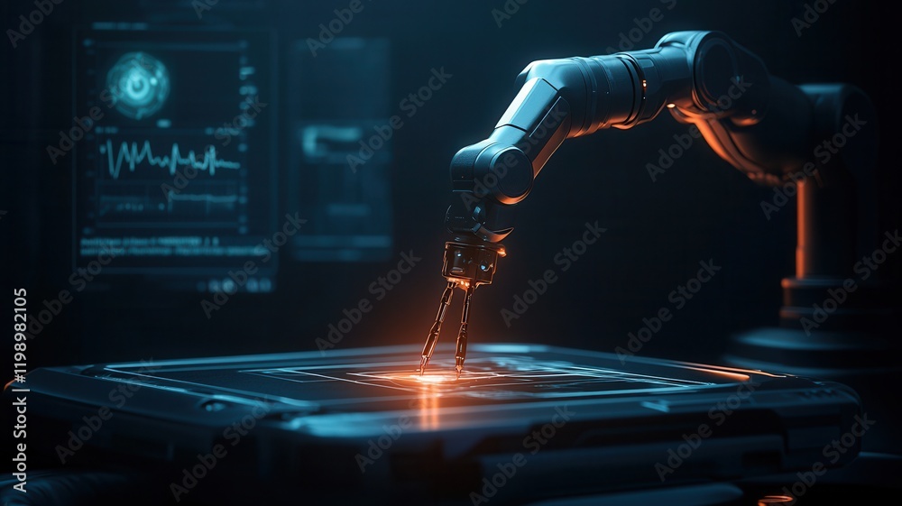 Fototapeta premium concept Surgical Robotics Futuristic robotic arm interacting with a glowing circuit board in a high-tech environment.