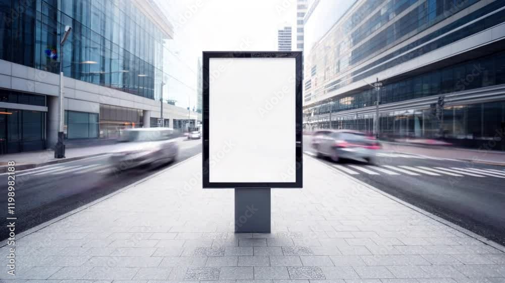 horizontal video billboard is standing in the middle of a busy street with cars driving by. The billboard is white and has no writing on it. The scene is bustling with activity, with cars