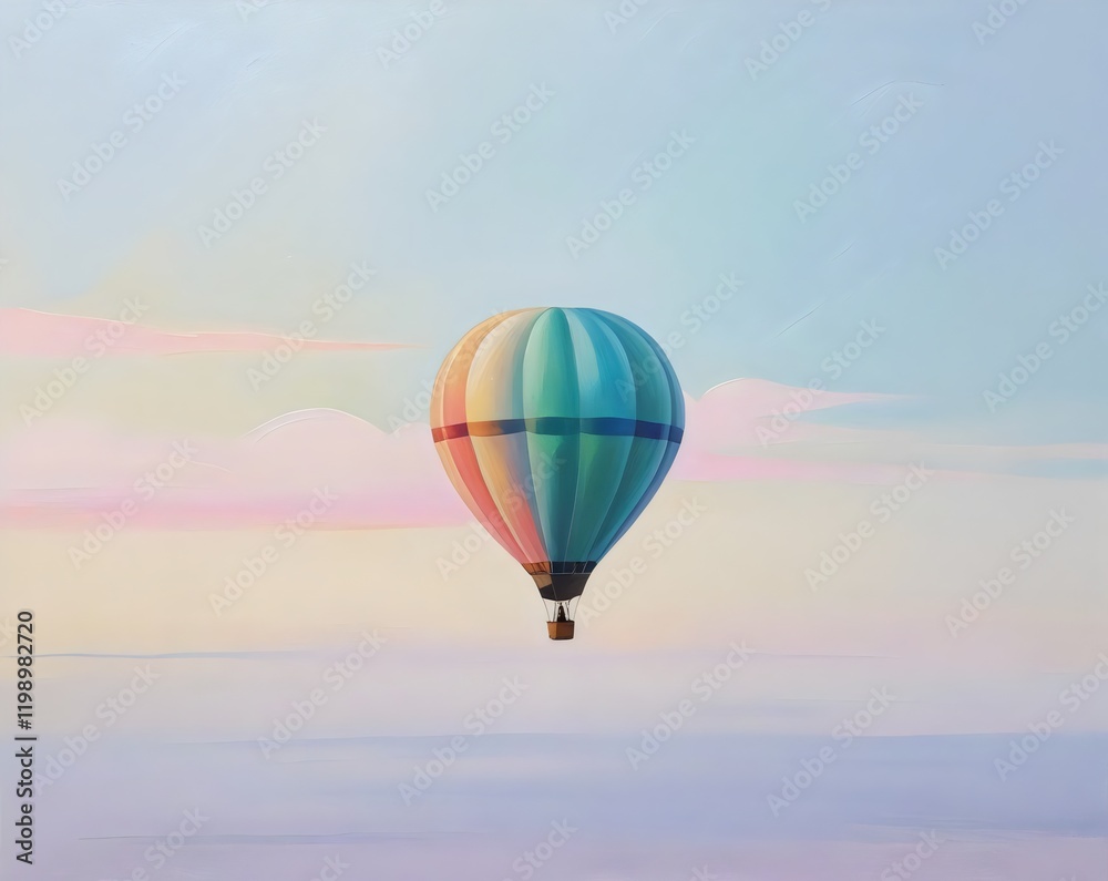 Obraz premium A pastel-colored hot air balloon floating gracefully in a soft pink and blue sky during a peaceful sunrise or sunset.