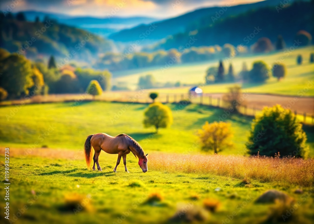 Miniature Horse in a Field, Tilt-Shift Photography, Rural Idyll Miniature Horse in a Field, Tilt-Shift Photography, Rural Idyll