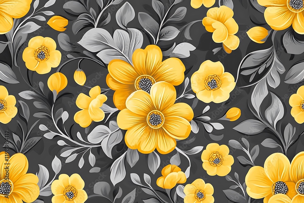 Seamless Decorative Floral Pattern in Yellow and Gray: Beautiful Design for Textiles, Wallpapers, and Home Decor Trends Seamless Decorative Floral Pattern in Yellow and Gray: Beautiful Design for Textiles, Wallpapers, and Home Decor Trends