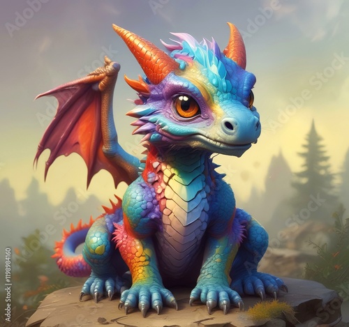 Illustration of fluffy tiny dragon baby.