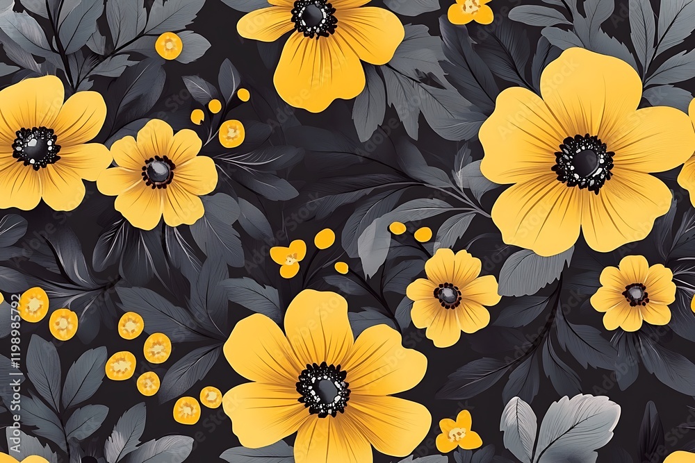 Seamless Decorative Floral Pattern in Yellow and Gray: Beautiful Design for Textiles, Wallpapers, and Home Decor Trends Seamless Decorative Floral Pattern in Yellow and Gray: Beautiful Design for Textiles, Wallpapers, and Home Decor Trends