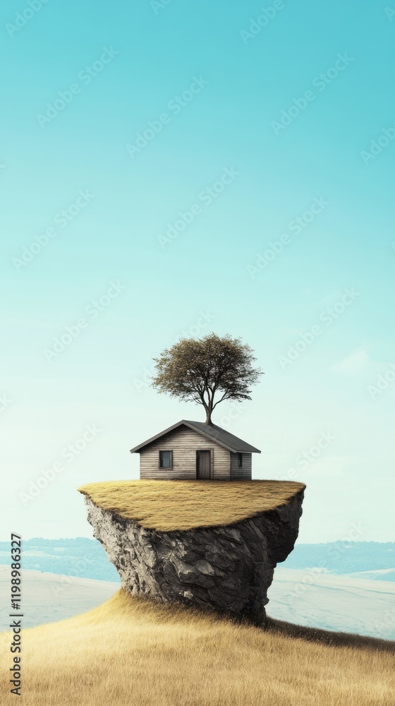 Naklejka premium House on rock cliff with tree blue sky
