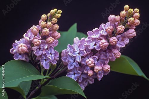 Purple lilacs bloom gracefully under soft sunlight in a serene garden, creating a beautiful natural harmony photo