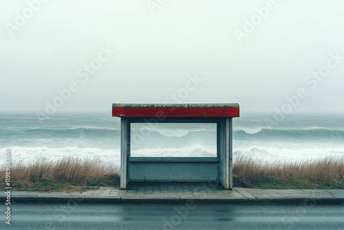 Lonely bus stop overlooking stormy sea in a desolate coastal town on a gloomy day