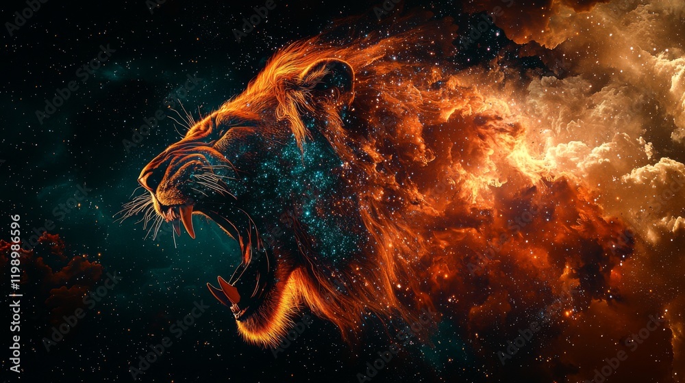Majestic Roaring Lion in Cosmic Nebula Fiery Mane Starry Night Galaxy Art Majestic Roaring Lion in Cosmic Nebula Fiery Mane Starry Night Galaxy Art