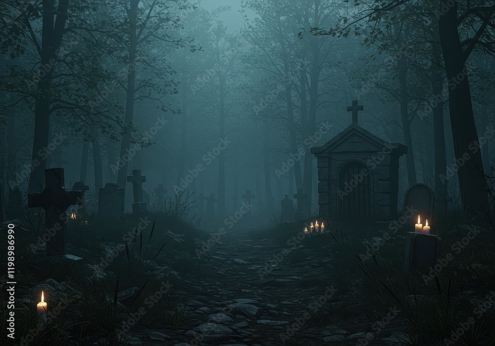 Spooky foggy forest path with ancient cemetery and candlelit mausoleum Spooky foggy forest path with ancient cemetery and candlelit mausoleum