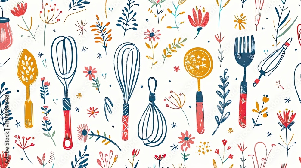 A seamless pattern with hand-drawn, cute cooking utensils, their delicate lines and shapes intertwined with colorful flowers and leaves in the background