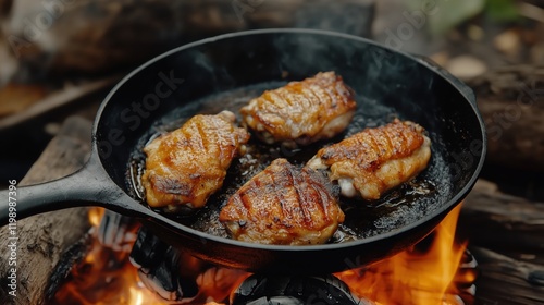 Juicy chicken thighs crackle in a hot cast iron skillet, the open fire beneath adding a smoky flavor.