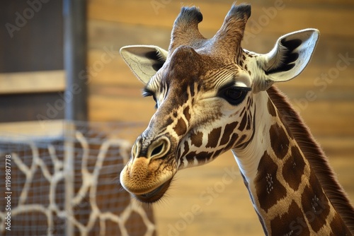 Wildlife portrait of giraffe's head and neck, great for nature or travel themes, photo