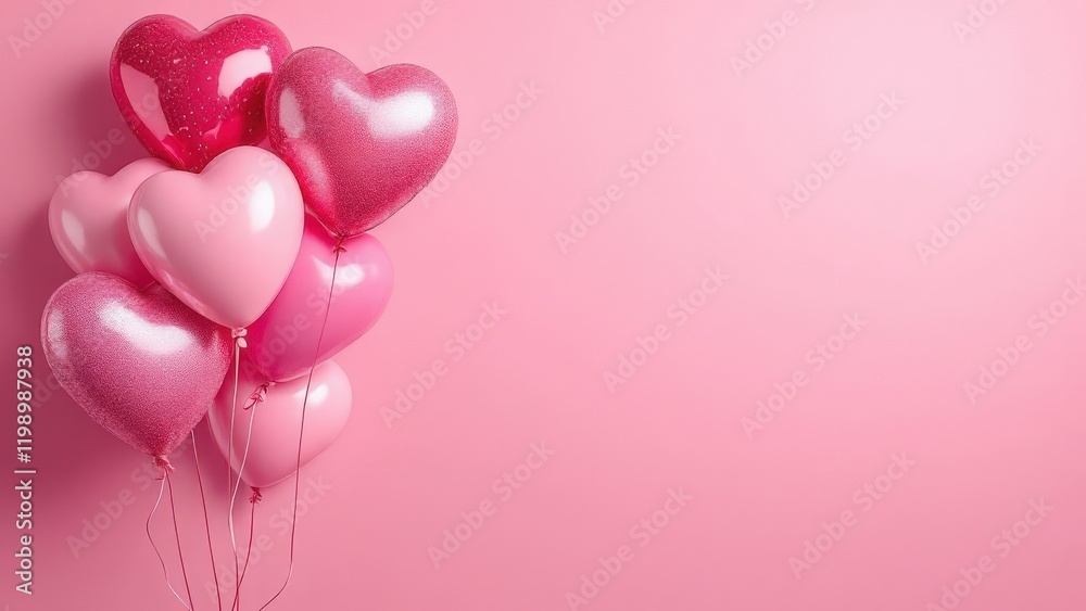 A bunch of heart-shaped balloons gently floating against a soft pink background, ample space for text A bunch of heart-shaped balloons gently floating against a soft pink background, ample space for text