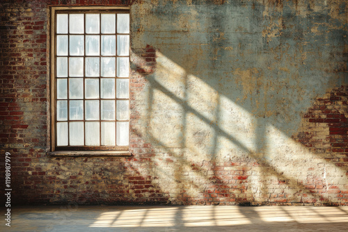 Sunlit shadows dance across a weathered brick wall with an old window in a rustic interior