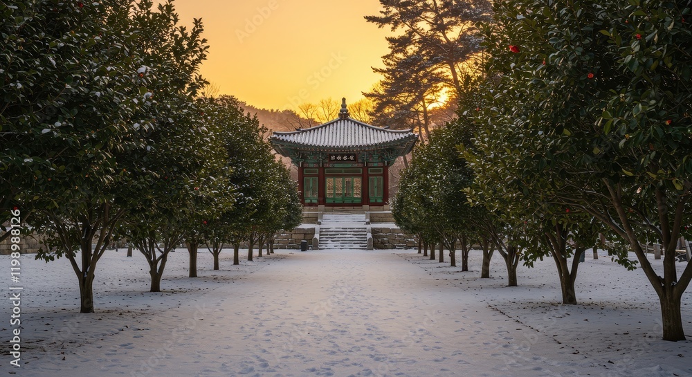 Traditional korean pavilion at sunset in winter wonderland with symmetrical snow-covered pathway Traditional korean pavilion at sunset in winter wonderland with symmetrical snow-covered pathway