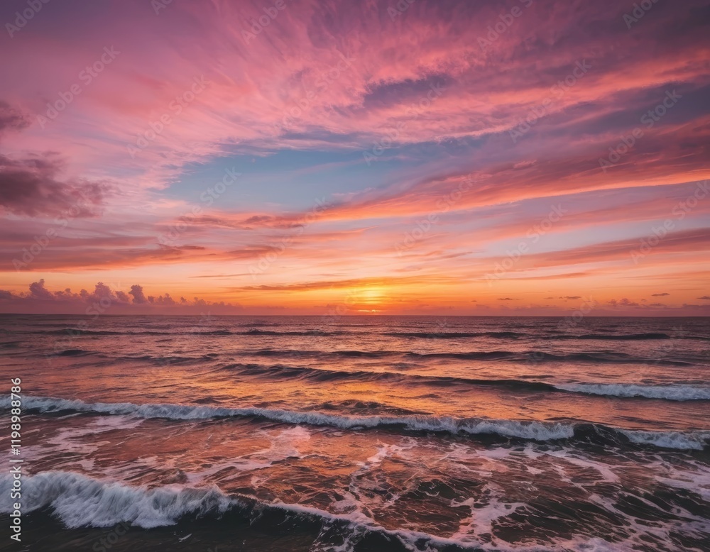 Sunset Ocean Waves, Dramatic Pink Sky Seascape Sunset Ocean Waves, Dramatic Pink Sky Seascape